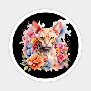 A devon rex cat decorated with beautiful watercolor flowers Magnet